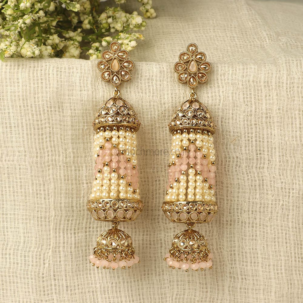 Pink Gold Tone Pearl Beaded Earrings  Femizen